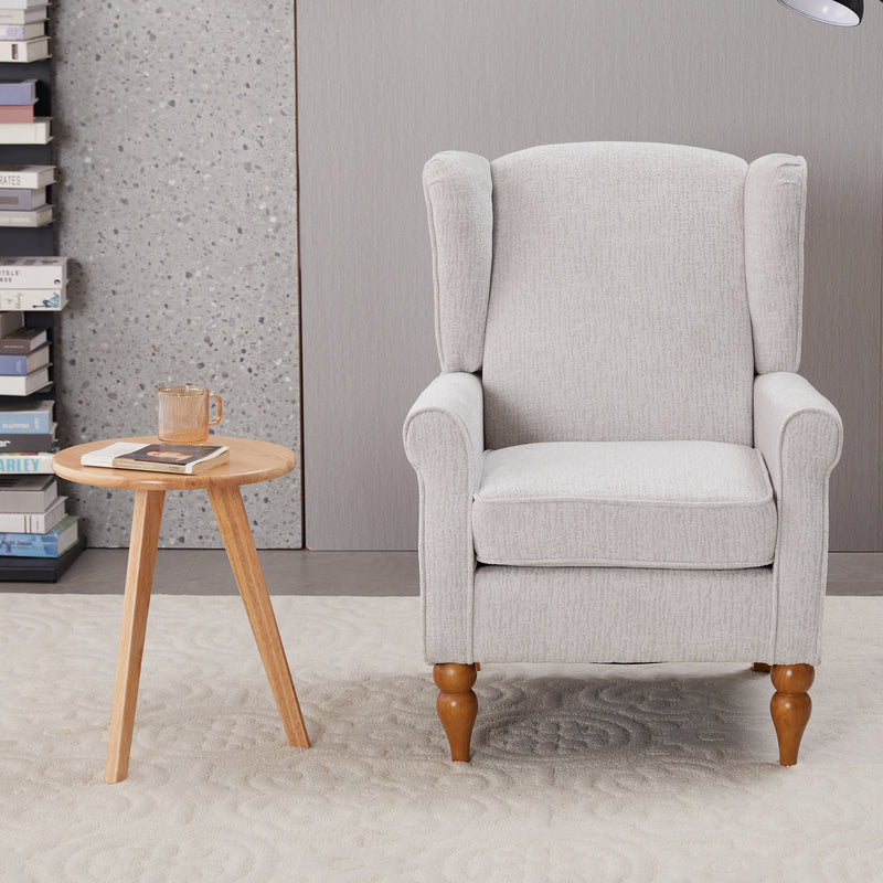 Coffee Table & Armchair Set, Vintage Luxury Style, a high-back comfortable reading chair (beige) & a solid wood coffee table (Natural Wood), suitable for living rooms and bedroom relaxation areas., Scandinavian