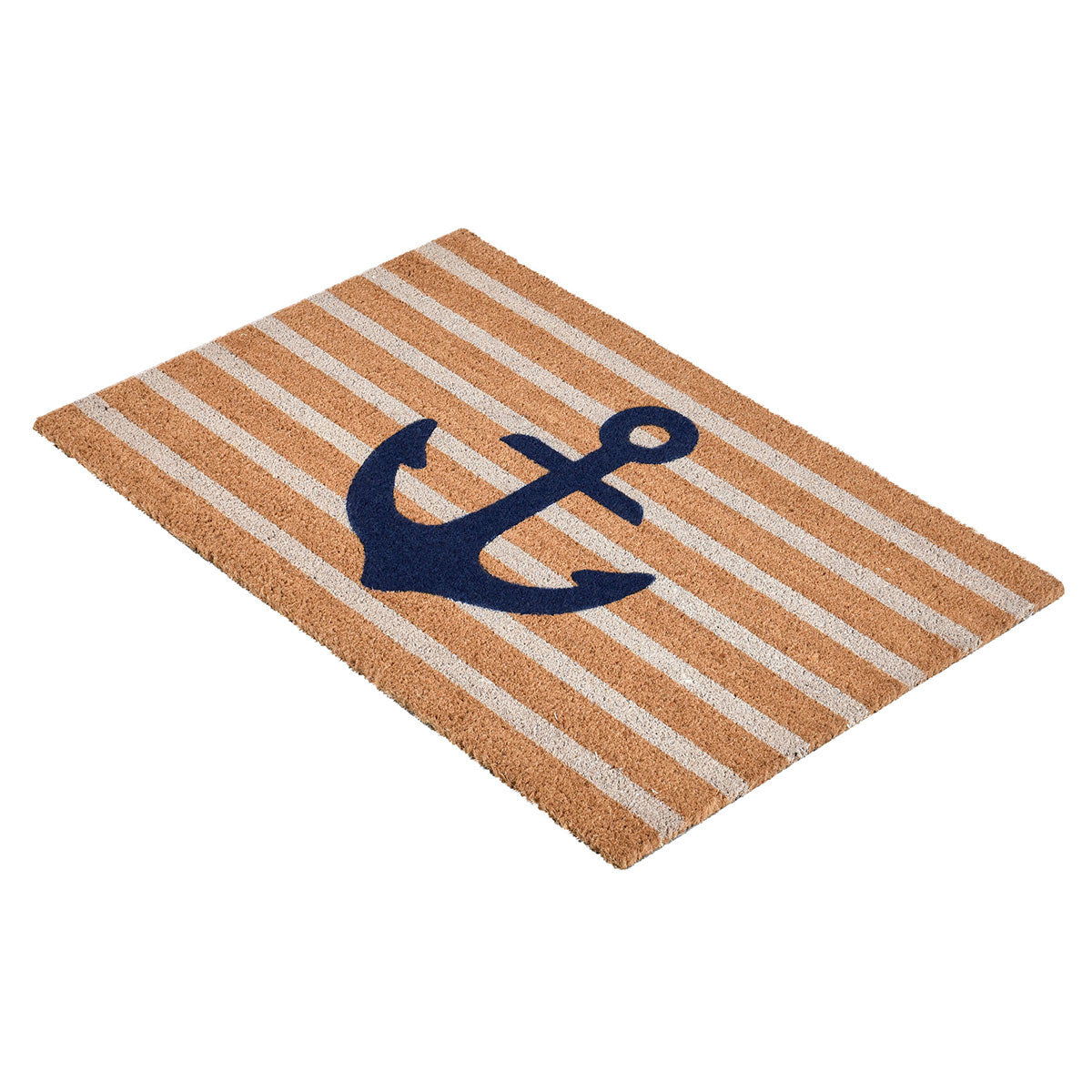 Navy anchor on tan and white striped doormat, rectangular coir outdoor mat