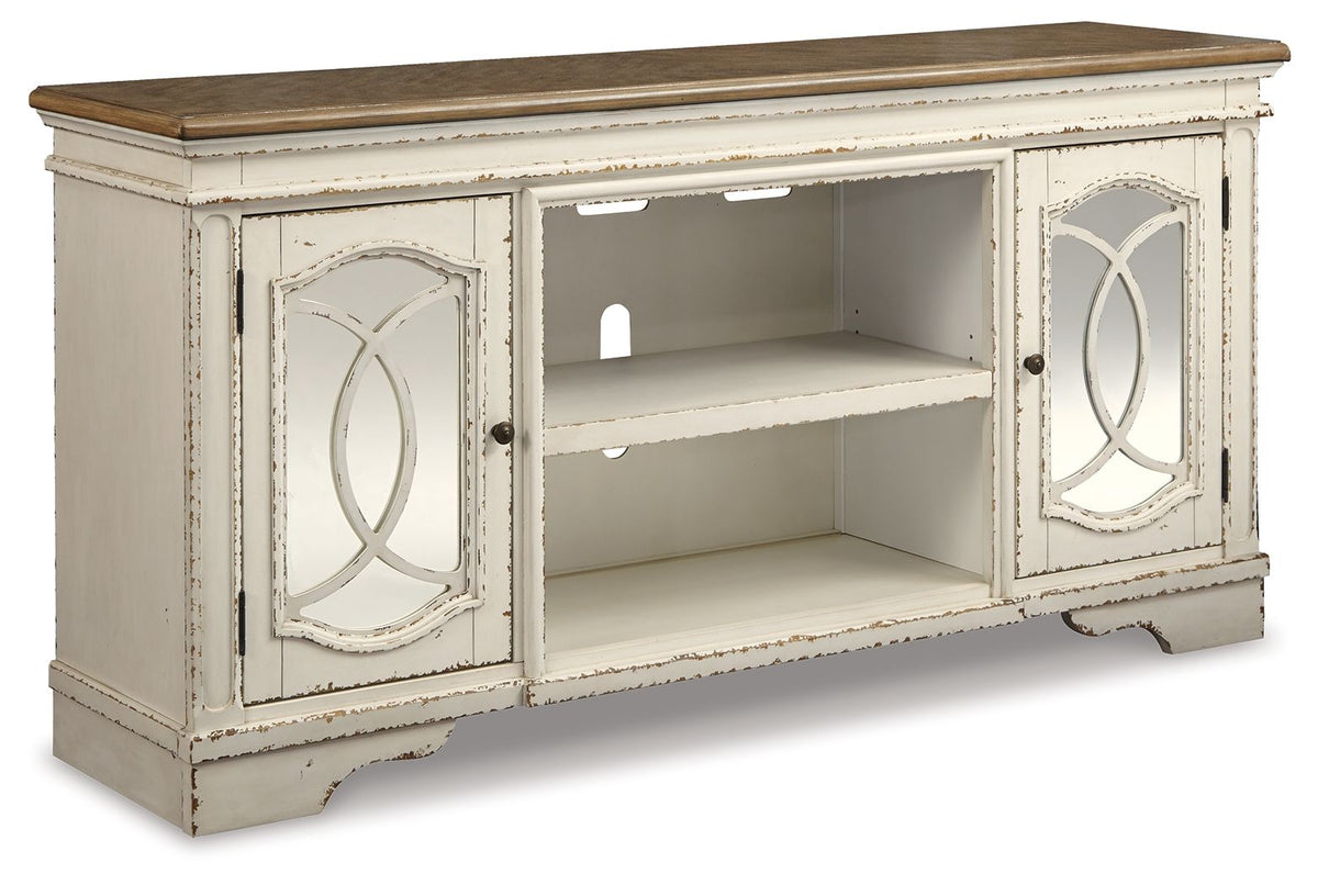 Chipped white TV stand with two paneled doors, open center shelf, flat top