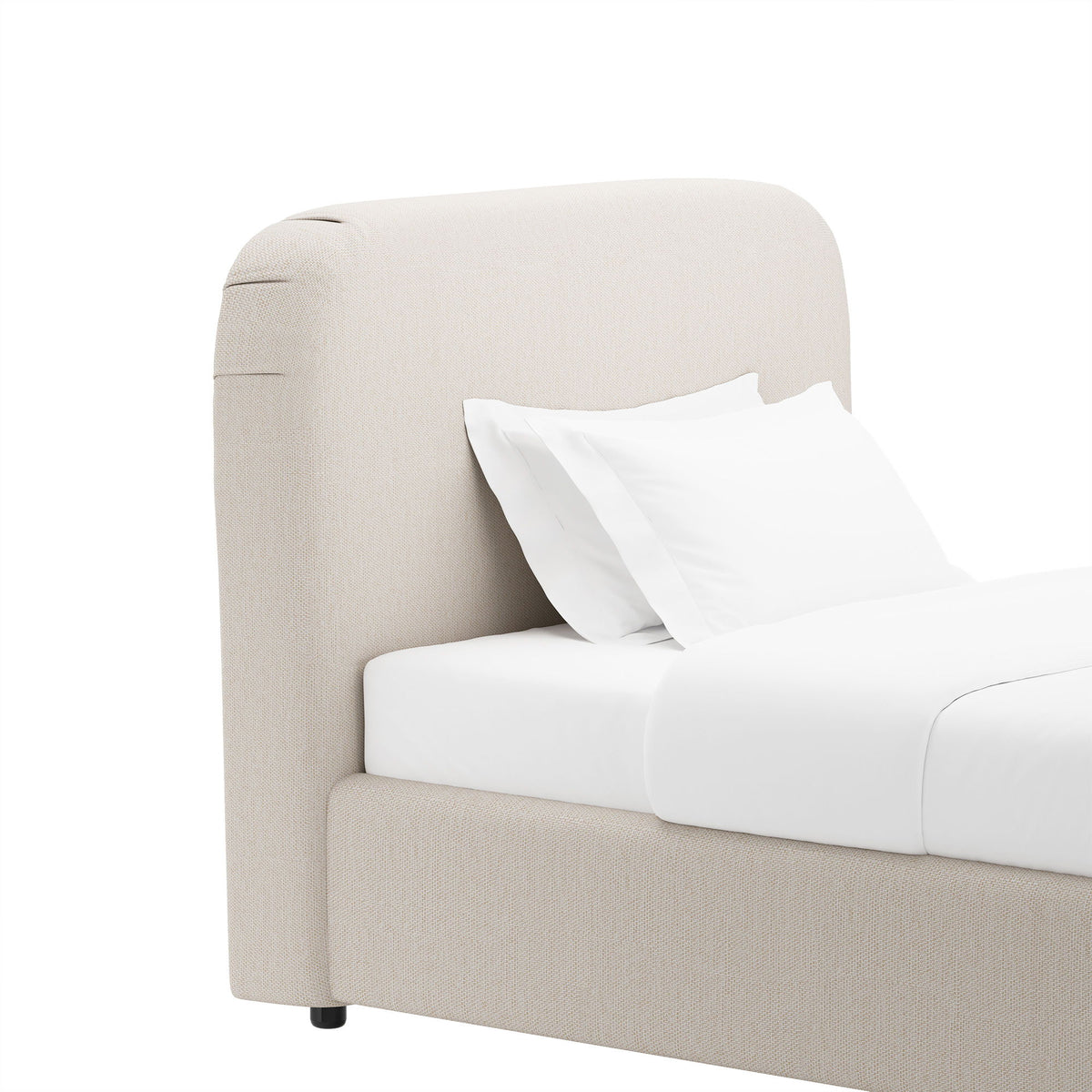 Light beige upholstered bed frame with curved headboard and low profile base