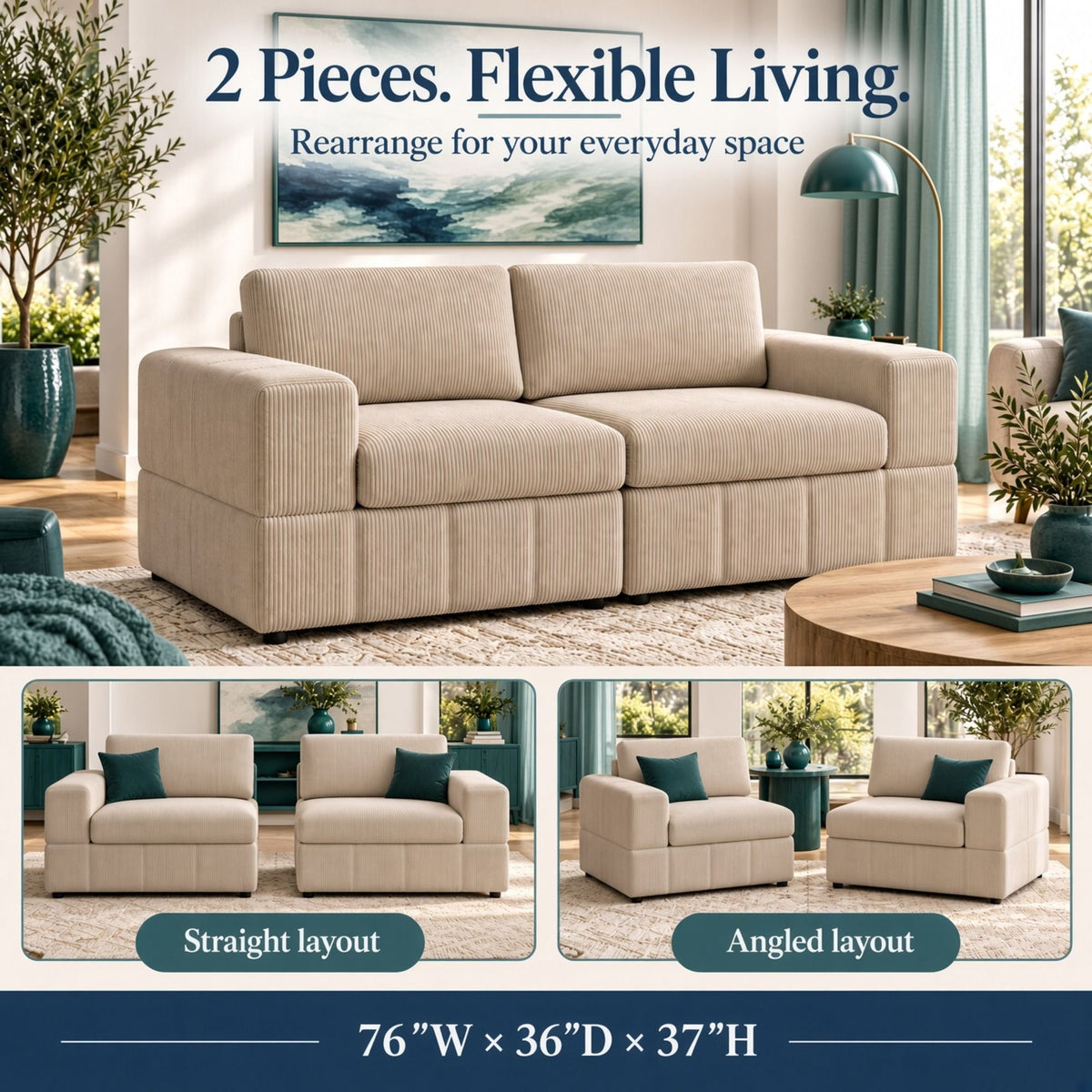 Beige two-piece modular loveseat shown in straight and angled layouts