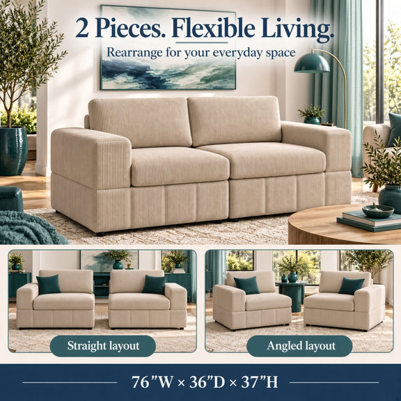 Beige two-piece modular loveseat shown in straight and angled layouts