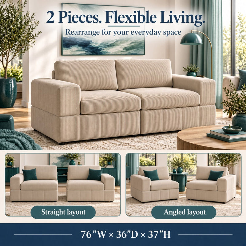 Beige two-piece modular loveseat shown in straight and angled layouts