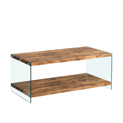 Light brown wood and glass console table with two shelves, corner view
