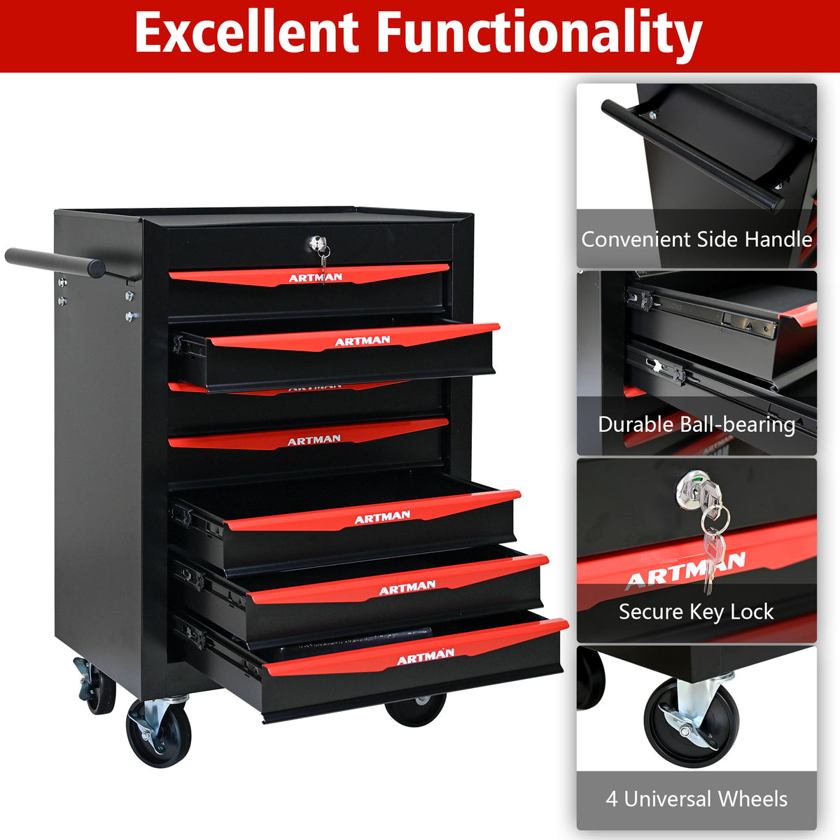 Rolling steel tool chest with multiple drawers, red trim, side handle, key lock, 4 wheels