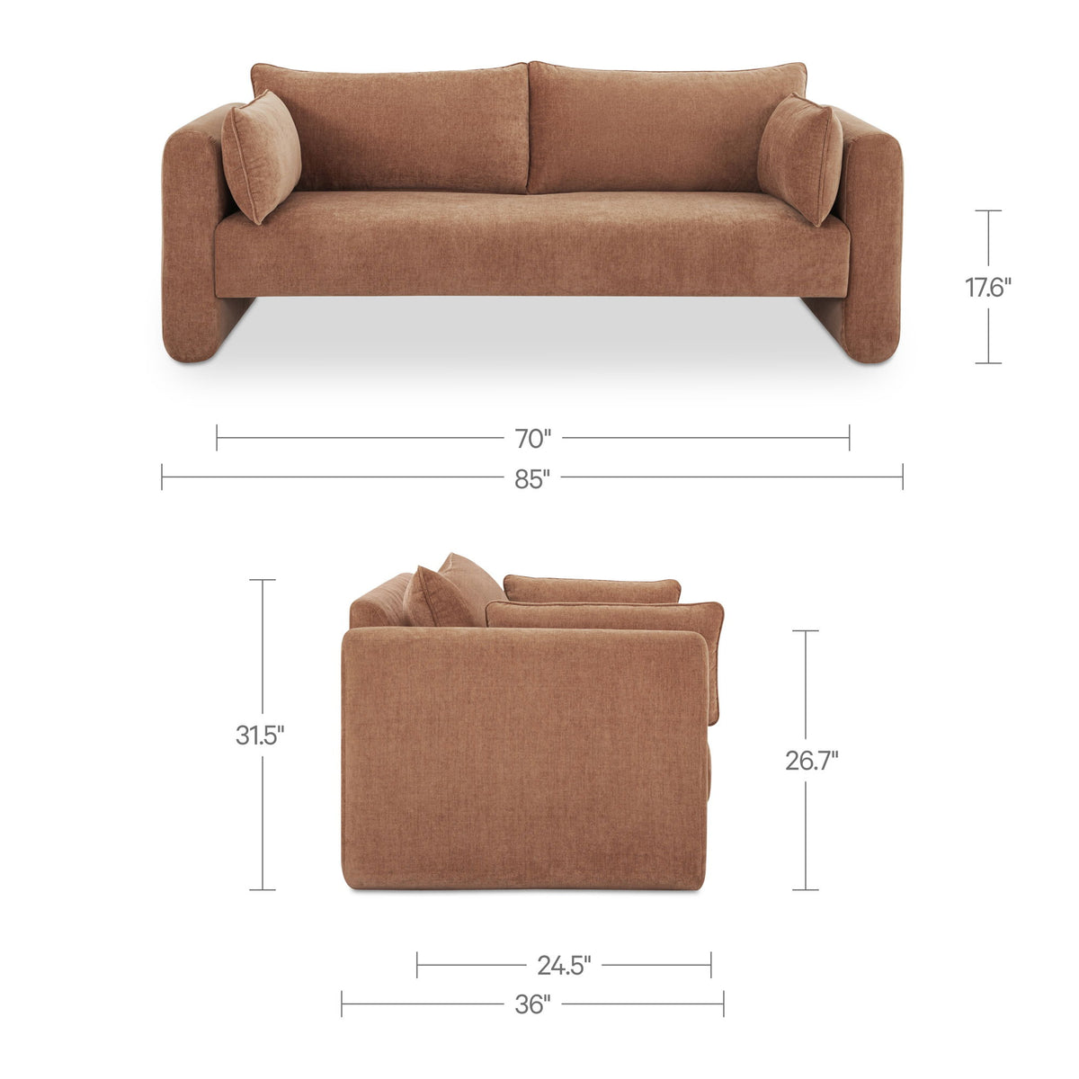 Dusty pink fabric sofa front view with rounded arms and two bolster cushions