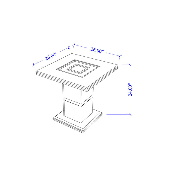 Black end table diagram: 26 in square top with silver inset; 24 in height