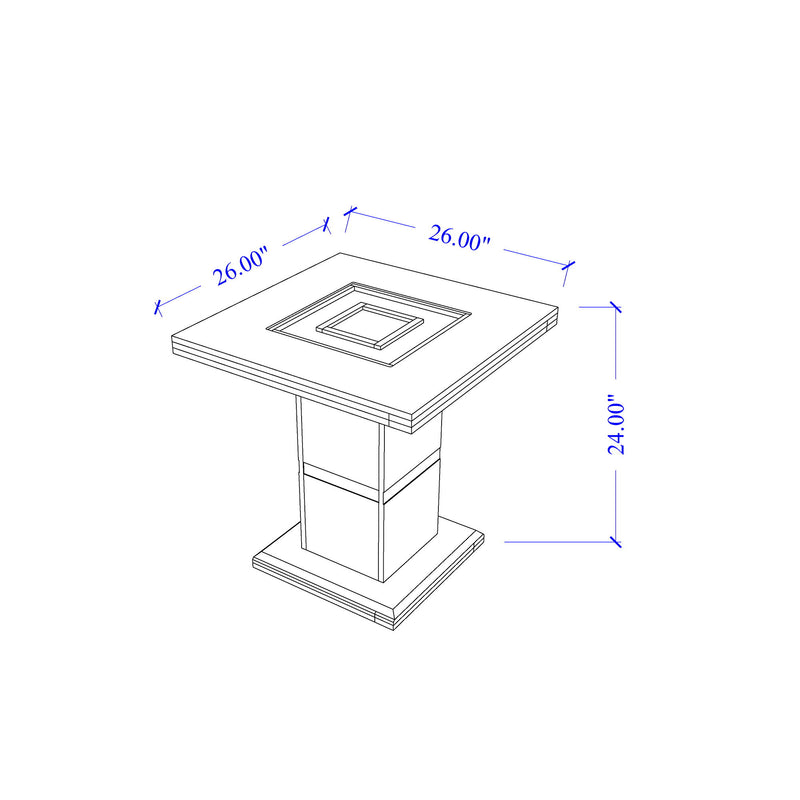 Black end table diagram: 26 in square top with silver inset; 24 in height
