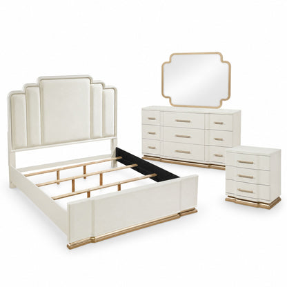 Beige bedroom set with bed, nightstand, dresser, and wall mirror
