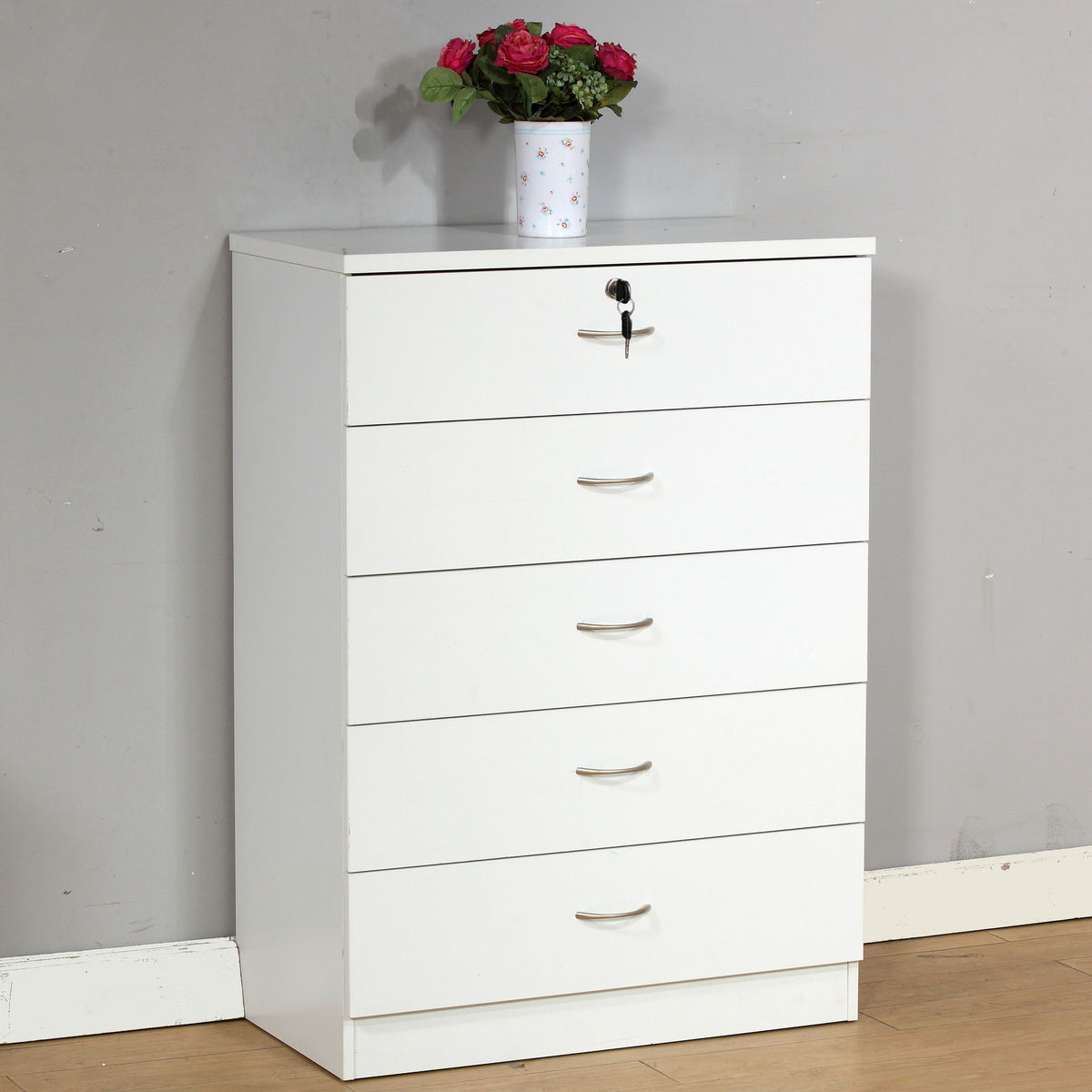 5 Drawer Chest Metal Handles Locking Top Drawer Metal Glide Rails Melamine Laminate