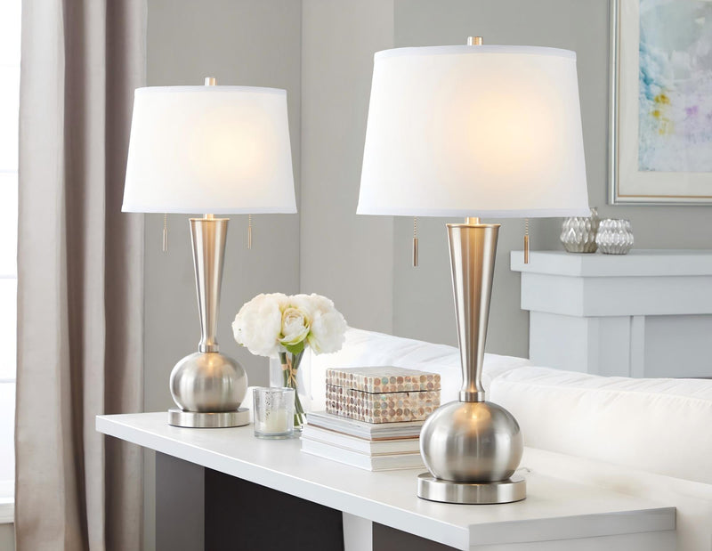 Set of 2 nickel table lamps with white shades, tapered stems and round bases