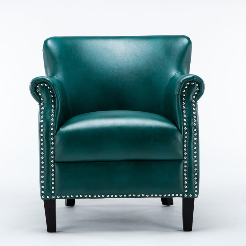 Teal club chair with studded nailhead trim, plush cushioned seat and arms, dark legs