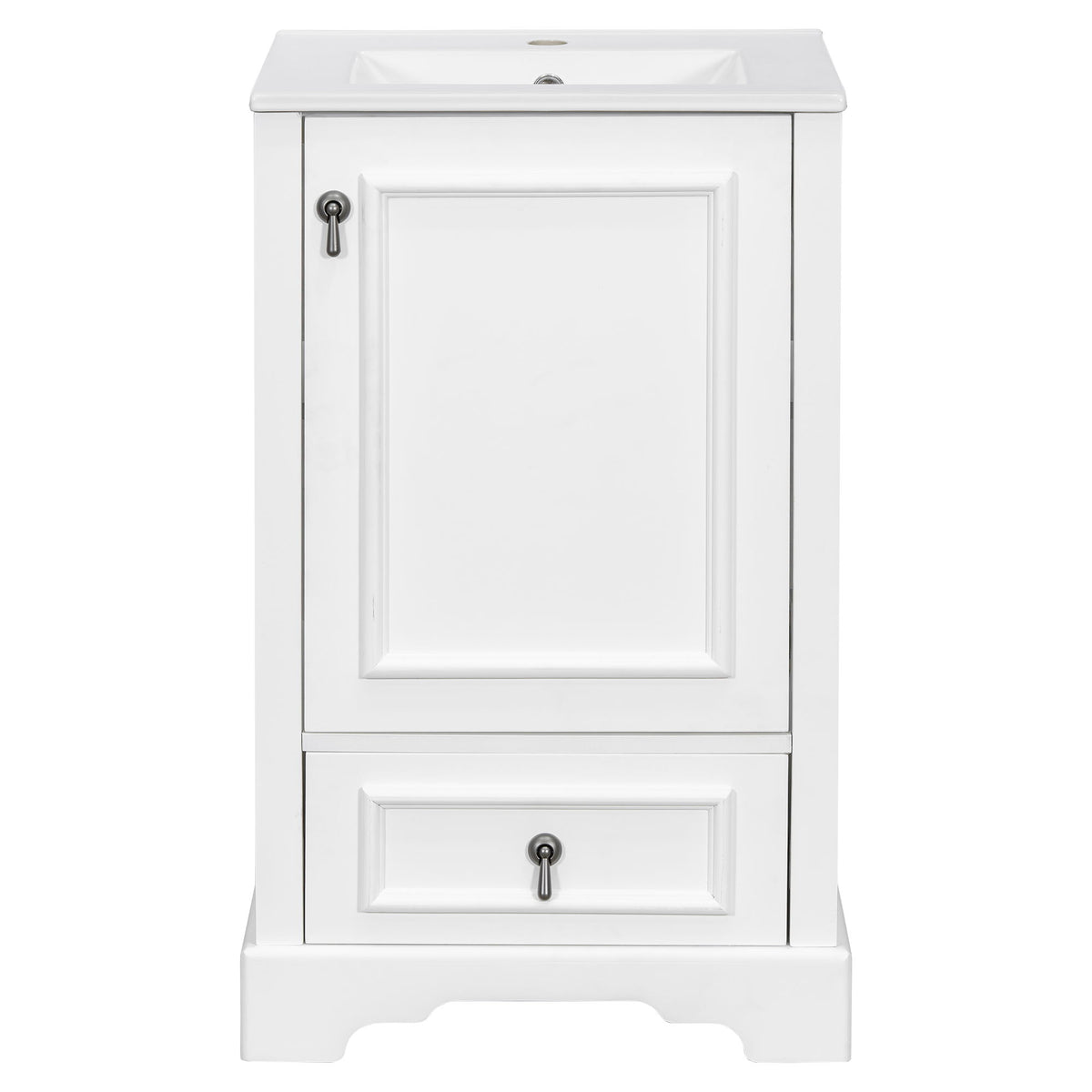 White bathroom vanity cabinet with white sink and paneled door
