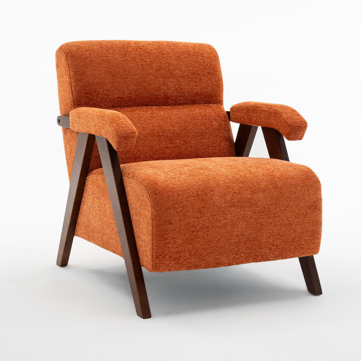 Orange upholstered accent armchair with padded arms and dark wood tapered legs.