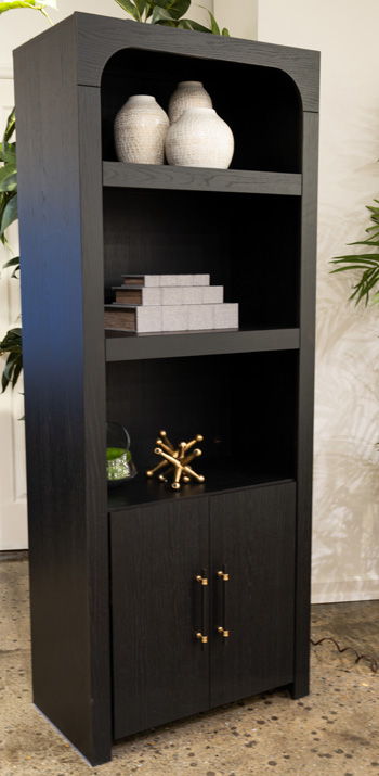 Black display cabinet with open upper shelves and two lower cabinet doors.