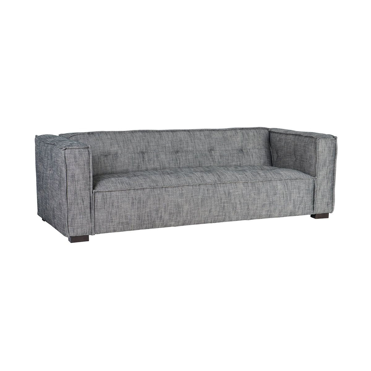 Gray fabric sofa with square arms, tufted back cushions, and dark wooden legs.