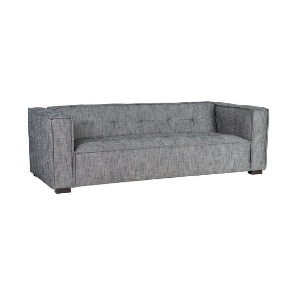 Gray fabric sofa with square arms, tufted back cushions, and dark wooden legs.