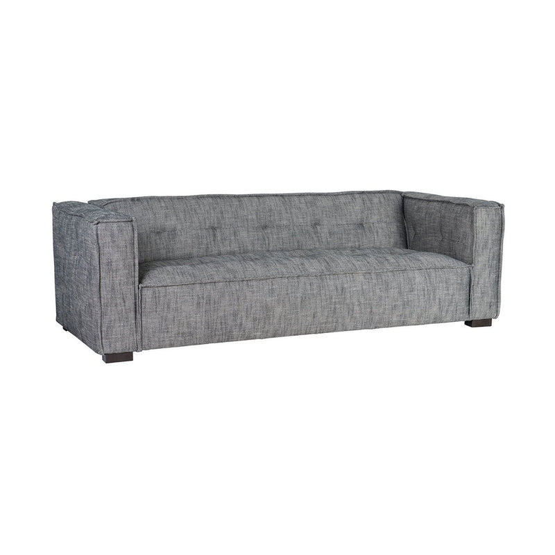 Gray fabric sofa with square arms, tufted back cushions, and dark wooden legs.