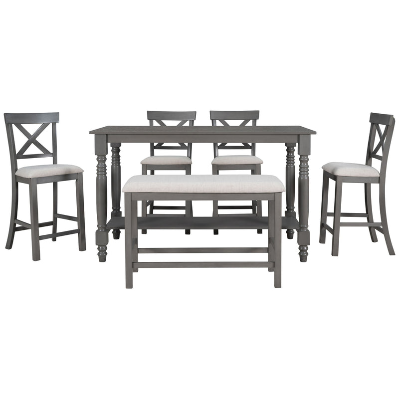 Counter Height Dining Set With Shelf, 4 Chairs And Bench