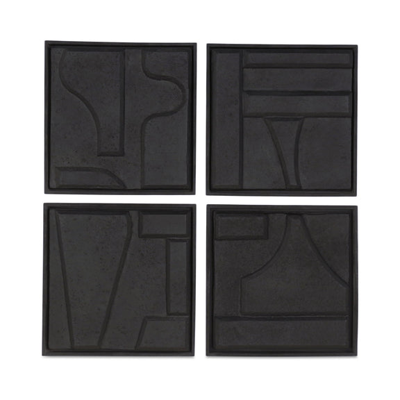 Set of 4 black square wall sculptures with abstract relief patterns in black frames