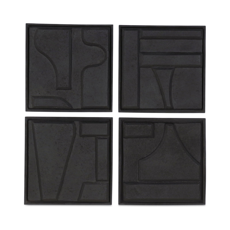 Set of 4 black square wall sculptures with abstract relief patterns in black frames