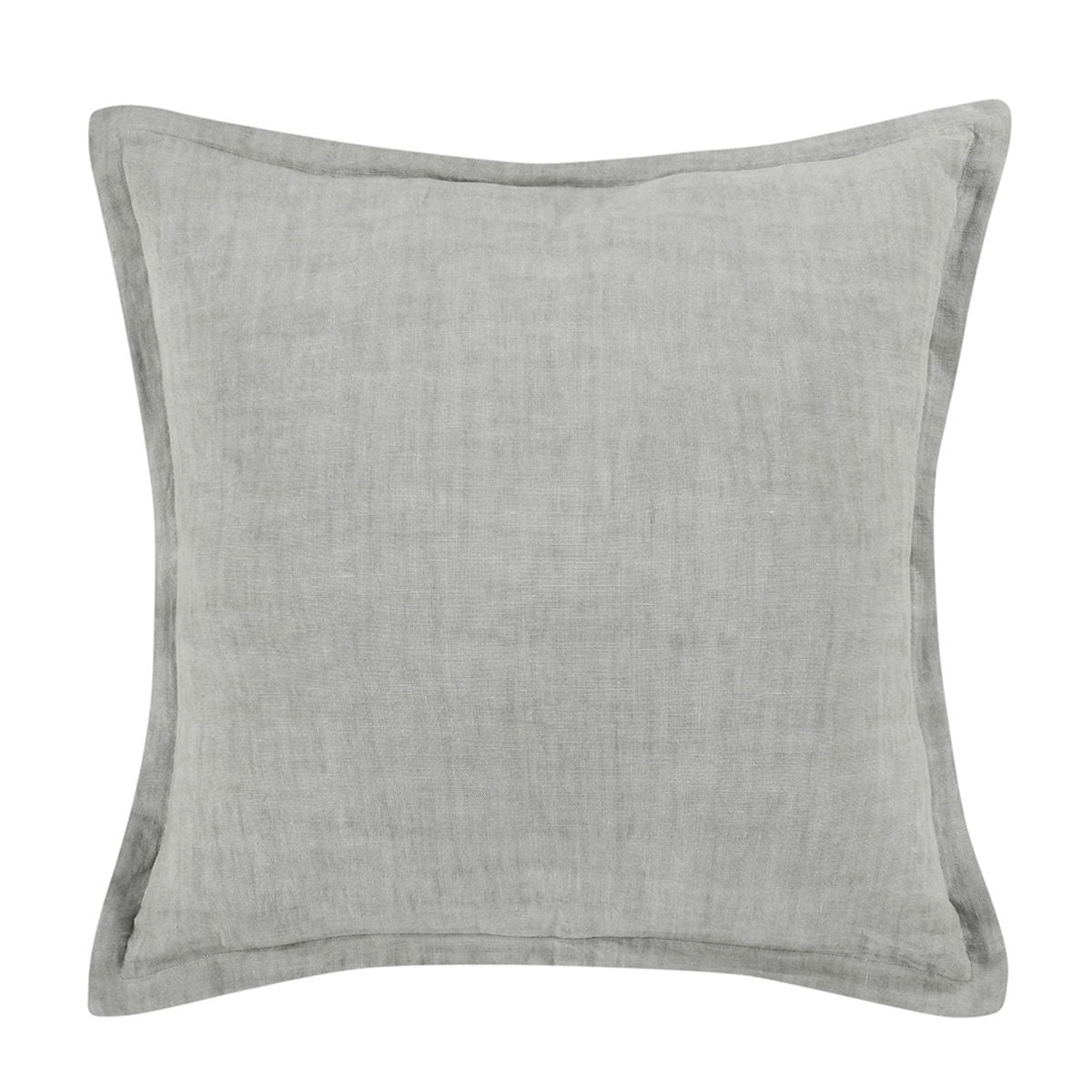 Square gray pillow with smooth linen-like fabric texture and overlocked edges