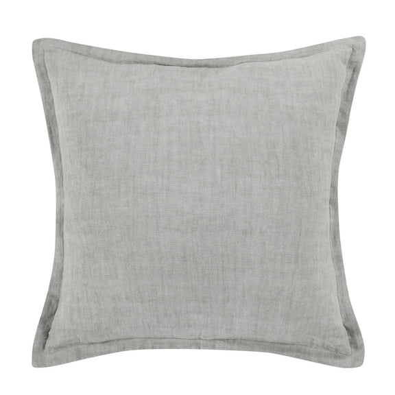 Square gray pillow with smooth linen-like fabric texture and overlocked edges