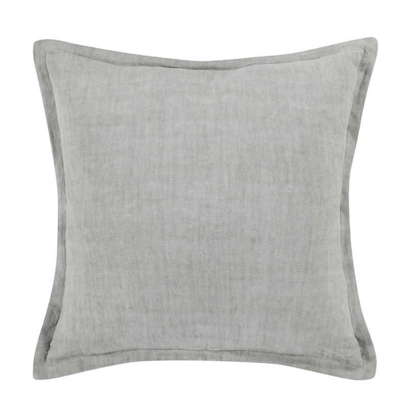 Square gray pillow with smooth linen-like fabric texture and overlocked edges