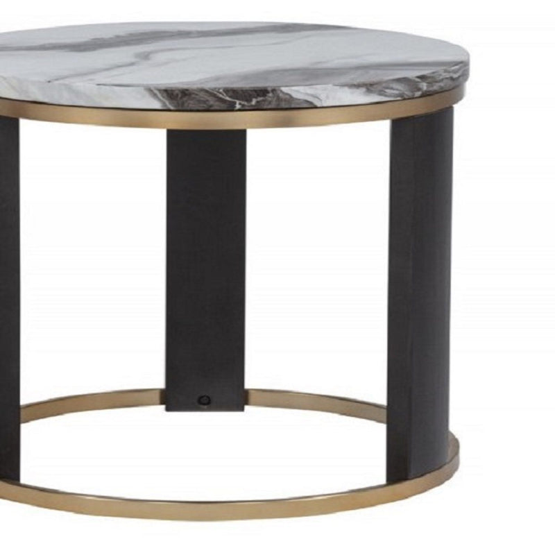 Close-up of marble-look tabletop on black round side table with gold support ring