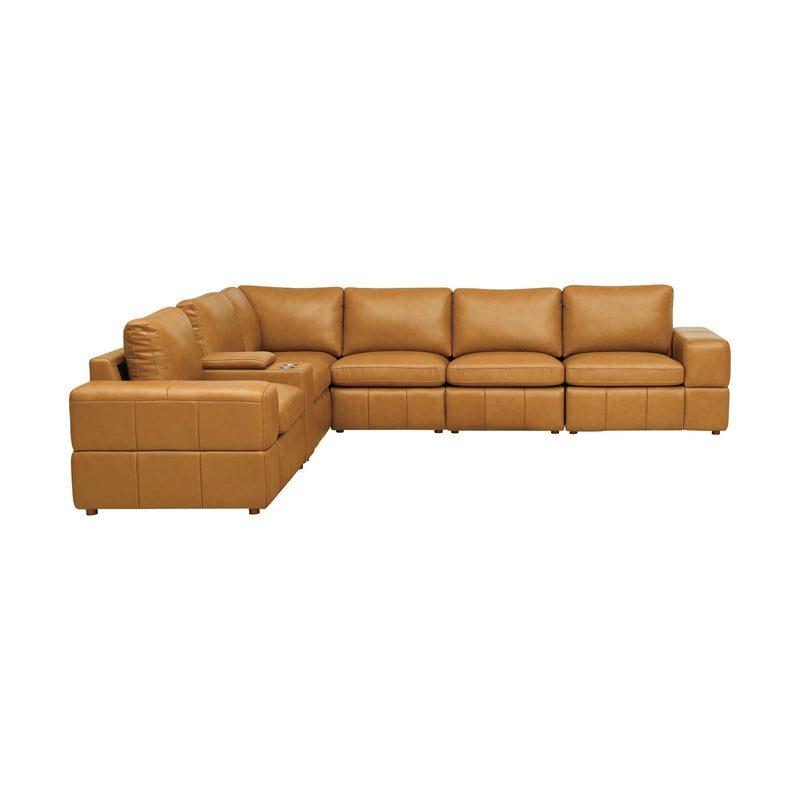 Tan modular sectional sofa with large square arms and padded chaise corner