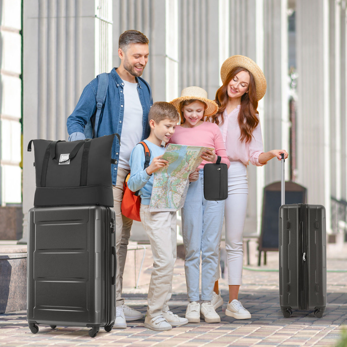 2-piece ABS luggage set with spinner wheels, dark gray suitcases and matching tote bag