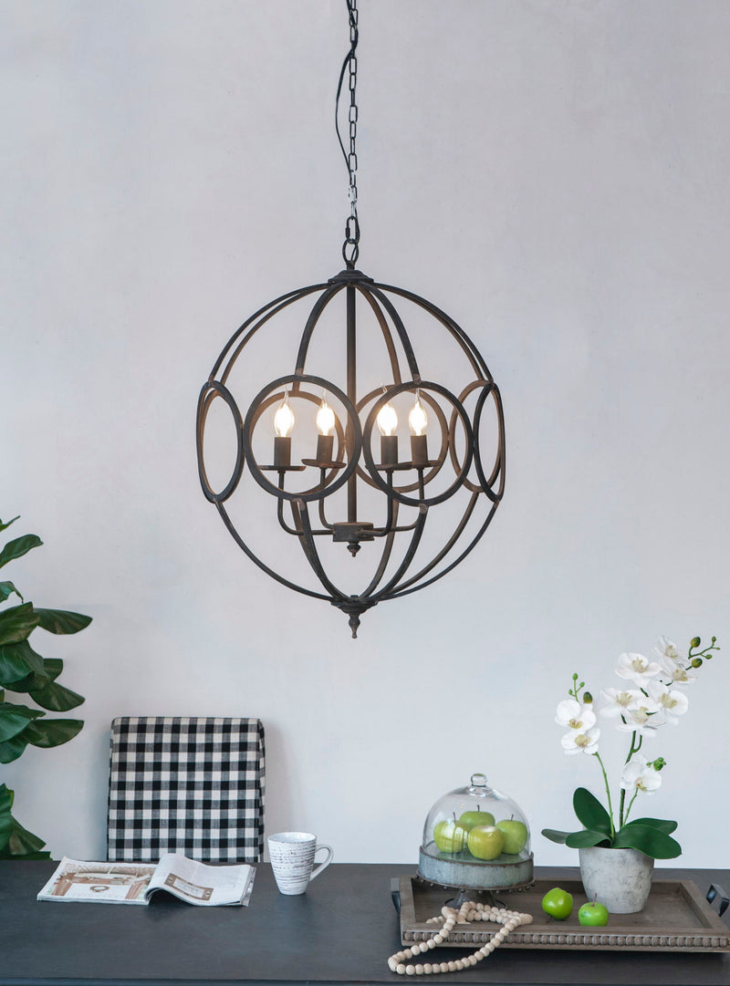 Black hanging 4-light chandelier, circular metal cage with four lit bulb sockets