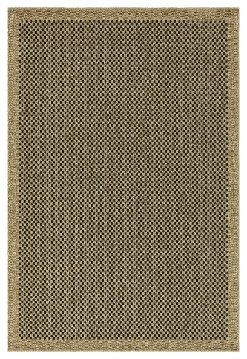 Light brown polypropylene area rug with black-and-brown check pattern and border