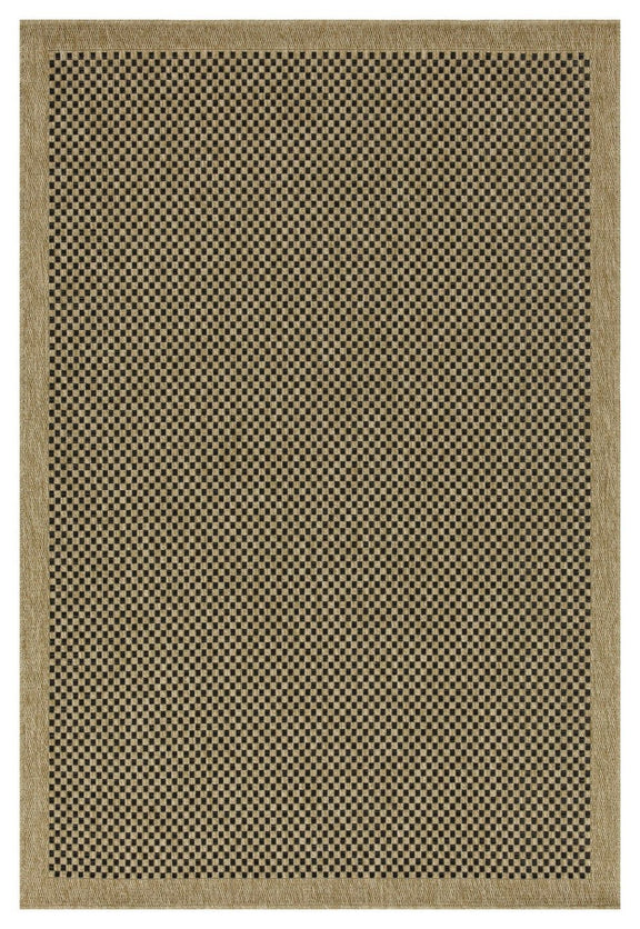 Light brown polypropylene area rug with black-and-brown check pattern and border