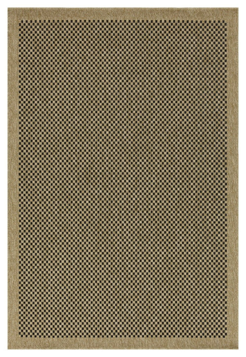 Light brown polypropylene area rug with black-and-brown check pattern and border