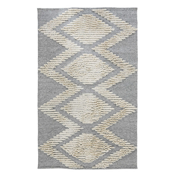 Granite gray indoor/outdoor rug with cream diamond lattice pattern, textured loop pile