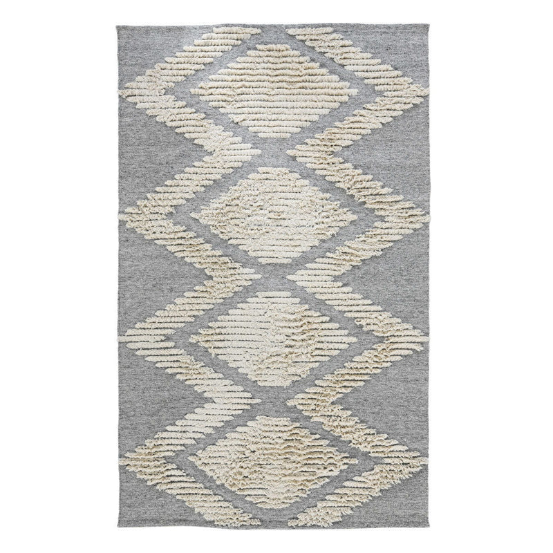 Granite gray indoor/outdoor rug with cream diamond lattice pattern, textured loop pile