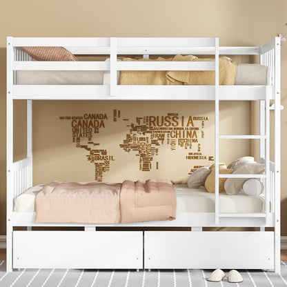 Twin Over Twin Rubber Wood Bunk Bed with 2 Drawers, Convertible into 2 Twin Beds, Twin Size Bunk Bed with Ladder and Safety Guardrails, White