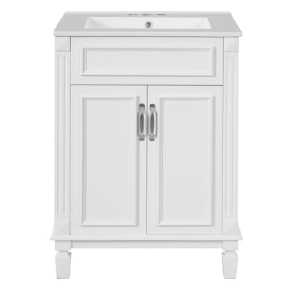 White bathroom vanity cabinet with built-in rectangular sink, double doors