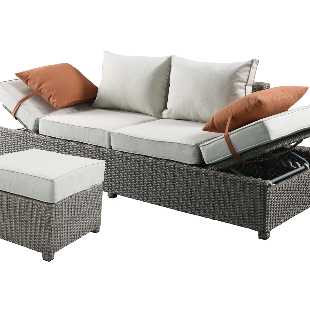 Salena - All Weather Wicker Patio Sofa & Ottoman With 2 Toss Pillows - Beige / Gray
