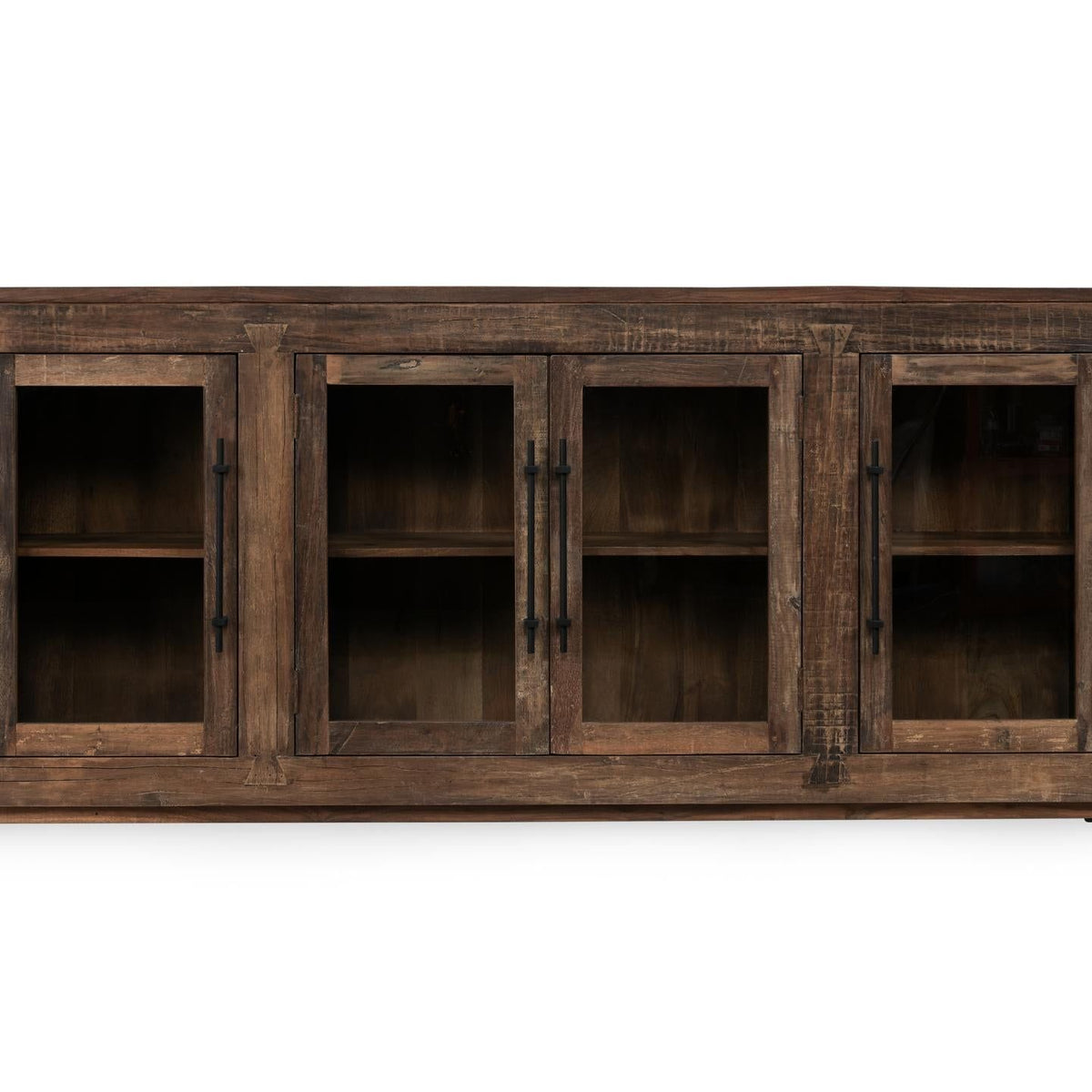 Natural wood 4-door cabinet front view with four shelving compartments and handles.