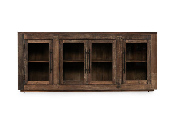 Natural wood 4-door cabinet front view with four shelving compartments and handles.