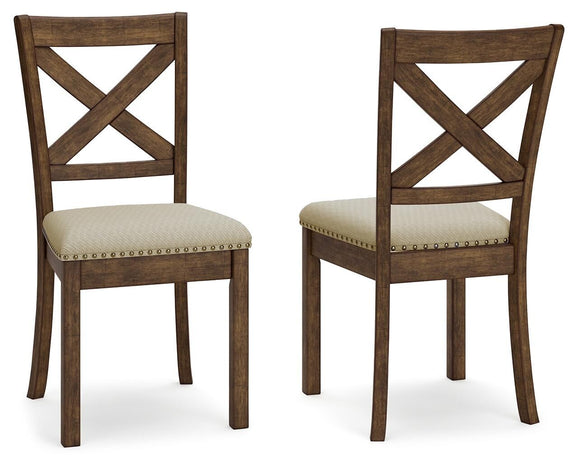 Two dining side chairs with X-back frames, beige upholstered seats, nailhead trim