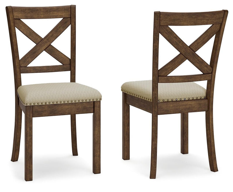 Two dining side chairs with X-back frames, beige upholstered seats, nailhead trim