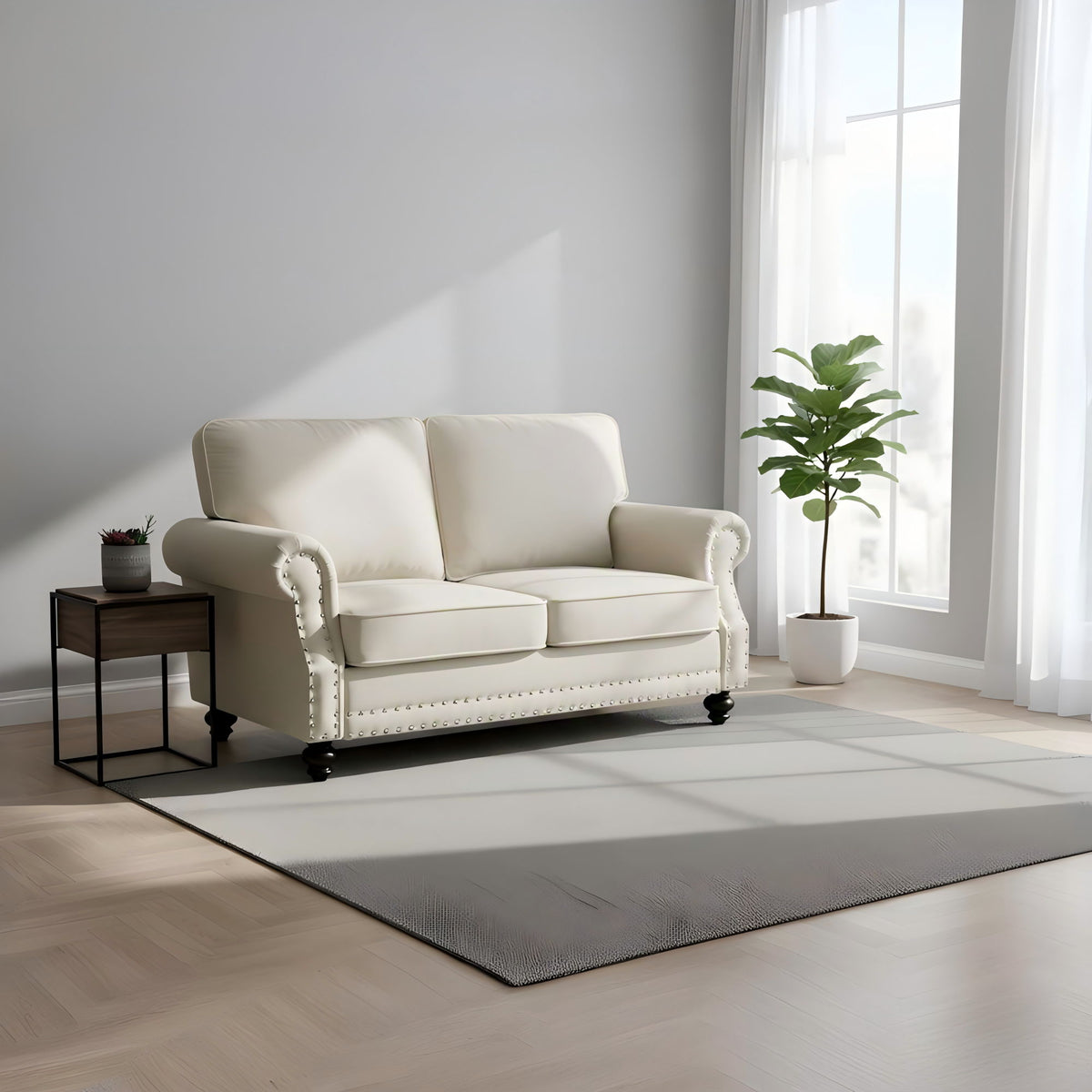 Light beige 2-seat loveseat sofa with nailhead trim and turned legs, soft padded back