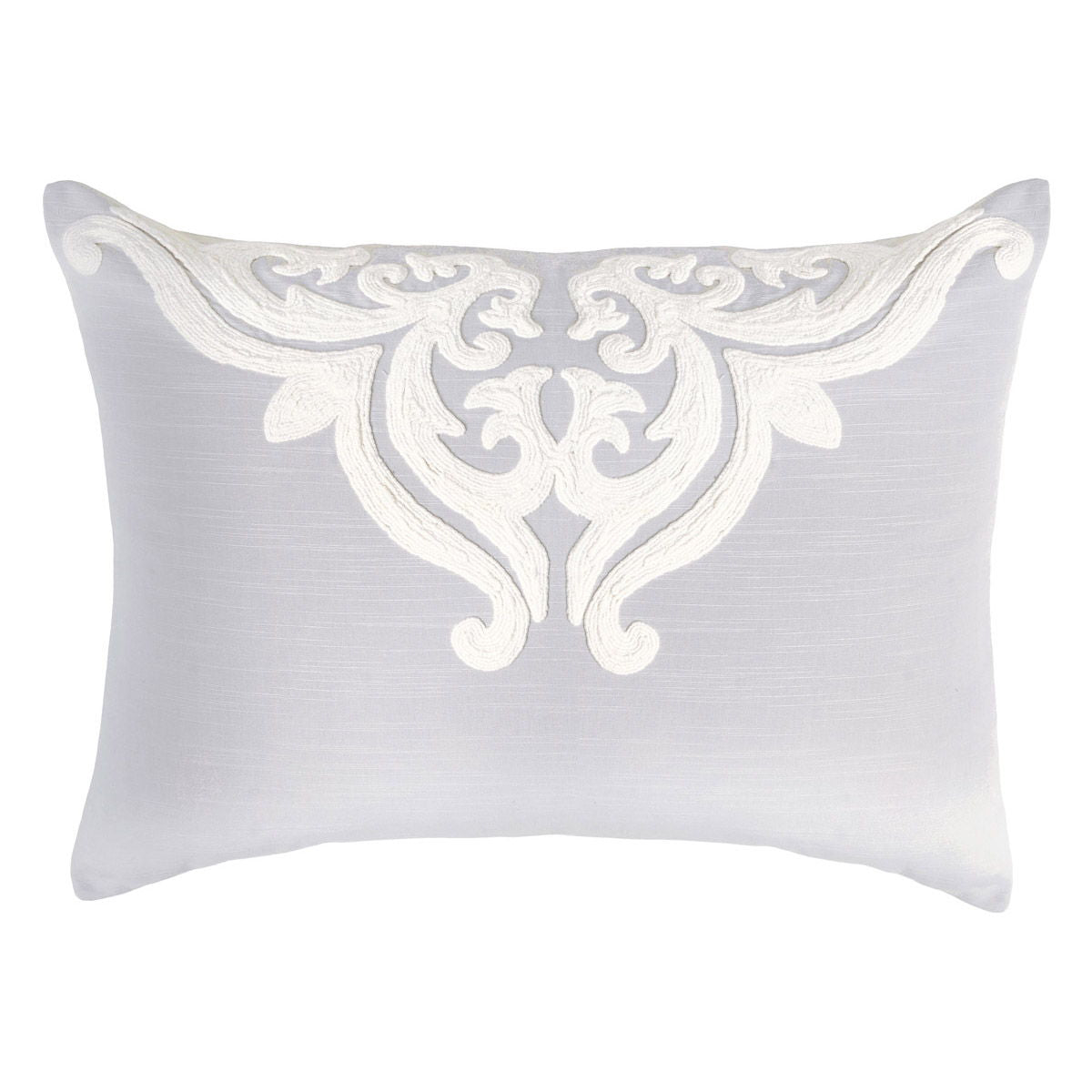 Fog gray sham pillow with ornate white damask crest embroidery on the front