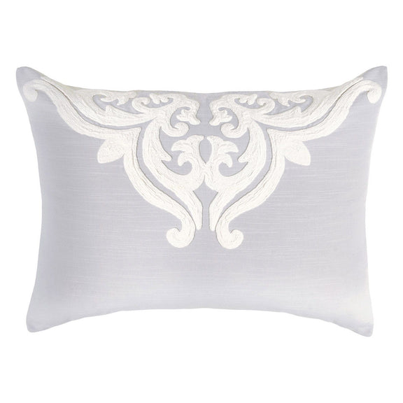 Fog gray sham pillow with ornate white damask crest embroidery on the front
