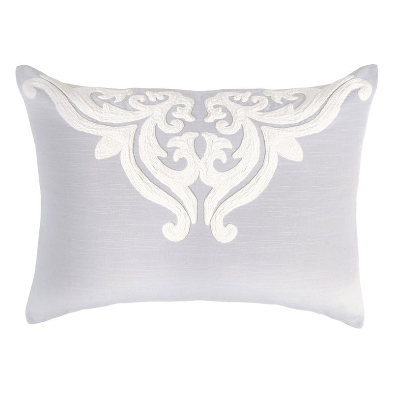 Fog gray sham pillow with ornate white damask crest embroidery on the front