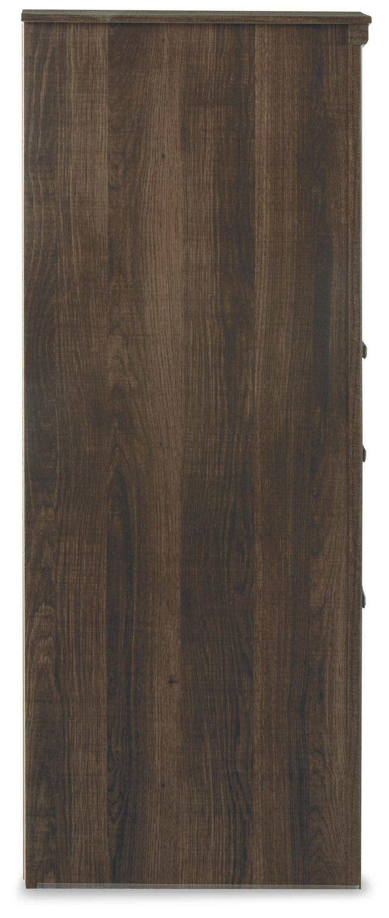 Dark brown wood dresser side panel with vertical grain and metal handle.