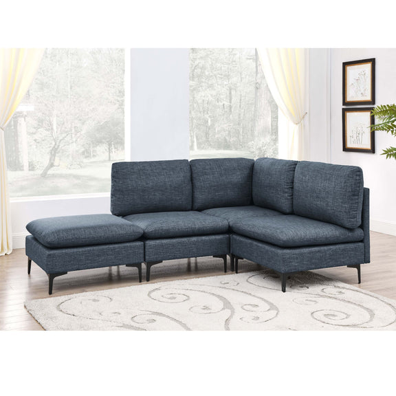 Blue upholstered modular sectional with tall legs, chaise corner, and deep seat cushions